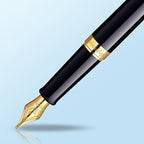 Waterman Hémisphère Fountain Pen Black with Gold Trim Medium Nib Blue Ink Gift Box