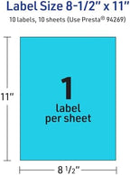 Avery Printable Sticker Paper, 8-1/2" x 11", Full-Sheet Labels, Bright Blue Labels, Laser/Inkjet Printable, 10 Total, Great for Packaging and Stickers