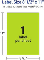 Avery® Printable Sticker Paper, 8-1/2" x 11", Full-Sheet Labels, Bright Green Labels, Laser/Inkjet Printable, 10 Total, Great for Packaging and Stickers