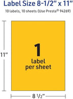 Avery Printable Sticker Paper, 8-1/2" x 11", Full-Sheet Labels, Bright Yellow Labels, Laser/Inkjet Printable, 10 Total, Great for Packaging and Stickers