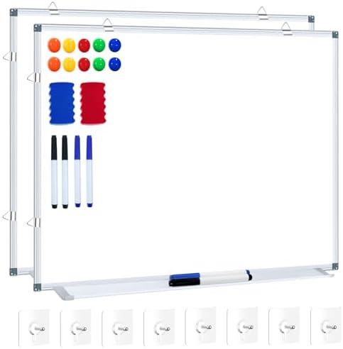 H-Qprobd White Board Dry Erase Whiteboard for Wall 24x18 (2pcs) Magnetic Boards for Office Classroom & Home, Small Wall Whiteboard Including 6 Markers, 10 Magnets, 2 Erasers & 10 Adhesive Hooks