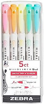Zebra Pen MILDLINER Brush Pen, Assorted Fluorescent Colors, Dual Tip, 5-Pk