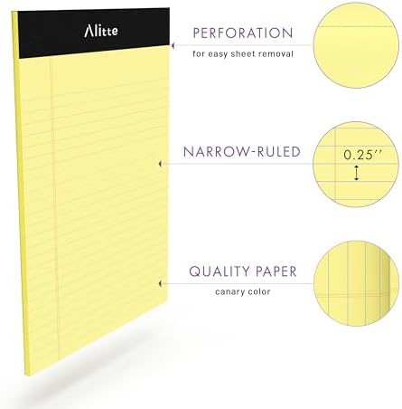 Alitte 5x8 Small Notebooks – 12 Pack Narrow Ruled, Yellow Perforated Note Pads with 50 Sheets Per Notepad, (No Ink Bleeding) Ideal Legal Pads for Writing, Note Taking, Home, Office, School