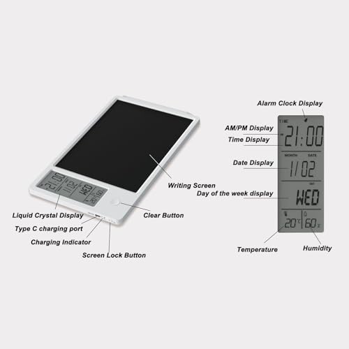 Electronic Calendar Writing Board, LCD Digital Writing Tablet with Notepad, HD Display for Time Temperature Humidity, Reusable Paperless Memo Pad for Office Home (White)