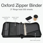 Oxford Zipper Binder with Pockets, 3 Inch Round Rings, Handle and Removable Shoulder Strap, 5-Tab Expanding File, Black & Navy (1006343)