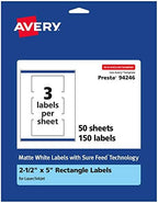 Avery® Matte White Rectangle Labels, Sure Feed® Technology, 2.5" x 5", 150 Matte White Printable Labels