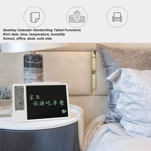 Electronic Calendar Writing Board, LCD Digital Writing Tablet with Notepad, HD Display for Time Temperature Humidity, Reusable Paperless Memo Pad for Office Home (White)