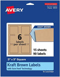 Avery® Kraft Brown Square Labels, Sure Feed® Technology, 3" x 3", 90 Kraft Brown Labels, Print-to-The-Edge, Laser/Inkjet Printable