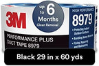 3M Performance Plus 8979 Duct Tape Heavy Duty, Black, 29 in x 60 yds, 12.1 mil, 6 Month Clean Removal, Resists UV and Weather for up to 12 Months, Tears Cleanly, Curl-Resistant, 1 Roll