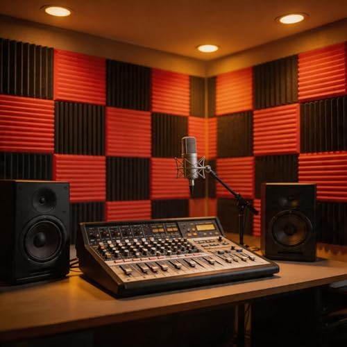 52 Pack Black/red 12 "X 12 "X1" Acoustic Panels Studio Soundproofing Foam(Accompanied By Double-Sided Adhesive Tape)