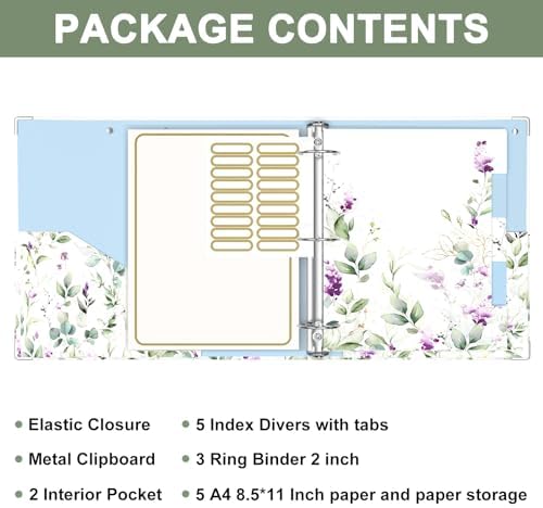 Rouidr 3 Ring Binder, 2 Inch Round Ring Binder Organizer with Clipboard, 5 Dividers Tabs, A4 8.5 x 11 Inch Paper & Clear Sleeves for School, Office Supplies, Wisteria