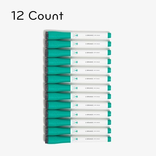 U Brands Fine Tip Dry Erase Markers with Eraser, Whiteboard Markers, Low Odor, Green, Set of 12