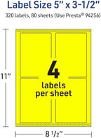 Avery® Printable Rectangle Labels, Sure Feed® Technology, 5" x 3-1/2", Neon Yellow Labels, Laser/Inkjet Printable, 320 Total, Great for Shipping and Packaging