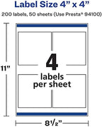 Avery® Printable Durable White Square Labels, Sure Feed® Technology, 4" x 4", Waterproof Labels, Laser & Pigment-Based Inkjet Compatible, 200 Total, Great for Product Branding, Marketing, and More
