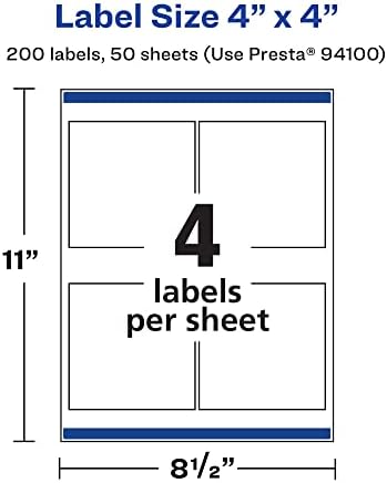 Avery® Printable Durable White Square Labels, Sure Feed® Technology, 4" x 4", Waterproof Labels, Laser & Pigment-Based Inkjet Compatible, 200 Total, Great for Product Branding, Marketing, and More