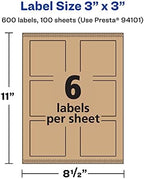 Avery® Kraft Brown Square Labels, Sure Feed® Technology, 3" x 3", 600 Kraft Brown Labels, Print-to-The-Edge, Laser/Inkjet Printable