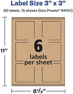 Avery® Kraft Brown Square Labels, Sure Feed® Technology, 3" x 3", 90 Kraft Brown Labels, Print-to-The-Edge, Laser/Inkjet Printable