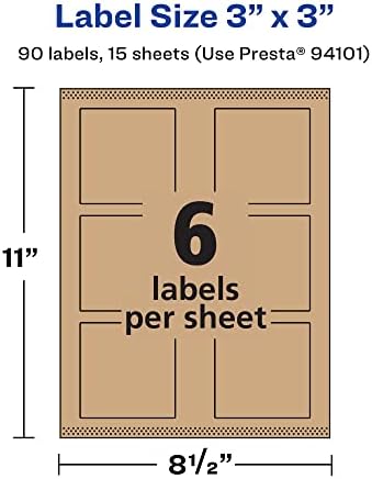 Avery® Kraft Brown Square Labels, Sure Feed® Technology, 3" x 3", 90 Kraft Brown Labels, Print-to-The-Edge, Laser/Inkjet Printable
