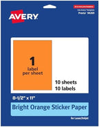Avery® Printable Sticker Paper, 8-1/2" x 11", Full-Sheet Labels, Bright Orange Labels, Laser/Inkjet Printable, 10 Total, Great for Packaging and Stickers