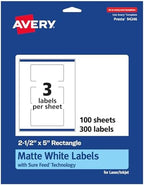 Avery® Matte White Rectangle Labels, Sure Feed® Technology, 2.5" x 5", 300 Matte White Printable Labels