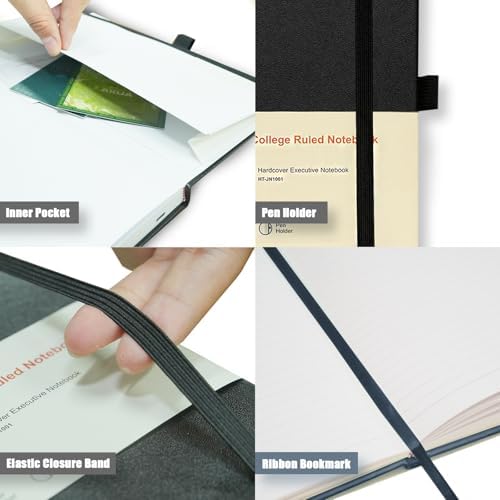 Heture Hardcover Notebooks, 6 Packs A5 Lined Journals Notebook for Writing 160 Pages, 8.2 x 5.5 inch, Classic Ruled Notebooks for College/Work/Travel (Black, 6 Pack)