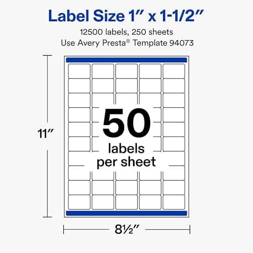Avery Matte White Rectangle Labels, 1" x 1.5", Sure Feed Technology, Laser/Inkjet Printer Compatible, 12500 Printable Labels Total, Great for Branding, Packaging, and More
