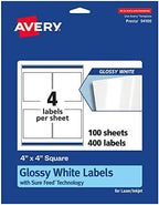 Avery® Glossy White Square Labels, Sure Feed® Technology, 4" x 4", 400 Glossy White Labels, Permanent Adhesive, Laser/Inkjet Printable