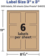 Avery® Kraft Brown Square Labels, Sure Feed® Technology, 3" x 3", 300 Kraft Brown Labels, Print-to-The-Edge, Laser/Inkjet Printable