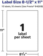 Avery Matte Clear Rectangle Sticker Sheets, 8.5" x 11", 10 Matte Clear Labels, Laser/Inkjet Printable Labels