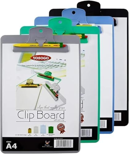 Yosogo A4/Letter Size Plastic Clipboard – 2 Pack with Handy Pen Holder & Bonus Pen – Holds up to 40 Sheets – Durable Plastic – Writing, Office, Stationary, School Supplies Set