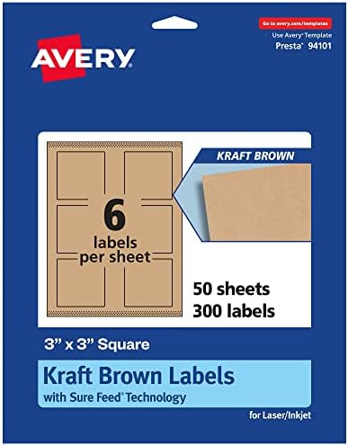 Avery® Kraft Brown Square Labels, Sure Feed® Technology, 3" x 3", 300 Kraft Brown Labels, Print-to-The-Edge, Laser/Inkjet Printable
