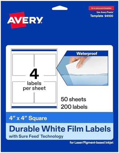 Avery® Printable Durable White Square Labels, Sure Feed® Technology, 4" x 4", Waterproof Labels, Laser & Pigment-Based Inkjet Compatible, 200 Total, Great for Product Branding, Marketing, and More