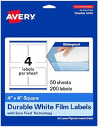 Avery® Printable Durable White Square Labels, Sure Feed® Technology, 4" x 4", Waterproof Labels, Laser & Pigment-Based Inkjet Compatible, 200 Total, Great for Product Branding, Marketing, and More