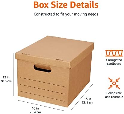 Amazon Basics Moving and Storage Boxes with Handles and Lift-Off Lids, File Storage, Collapsible, 15x10x12 in, Brown, 20-Pack