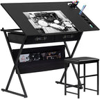 VECELO Drafting Table Art Desk Art Table Adjustable Drawing Table Tilted Tabletop with 2 Storage Drawers and Stool, Drawing Desk for Artist Painters Drawing, Crafting, Reading, Writing, Black