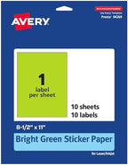 Avery® Printable Sticker Paper, 8-1/2" x 11", Full-Sheet Labels, Bright Green Labels, Laser/Inkjet Printable, 10 Total, Great for Packaging and Stickers