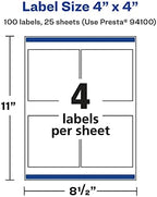 Avery Glossy White Square Labels, Sure Feed Technology, 4" x 4", 100 Glossy White Labels, Permanent Adhesive, Laser/Inkjet Printable