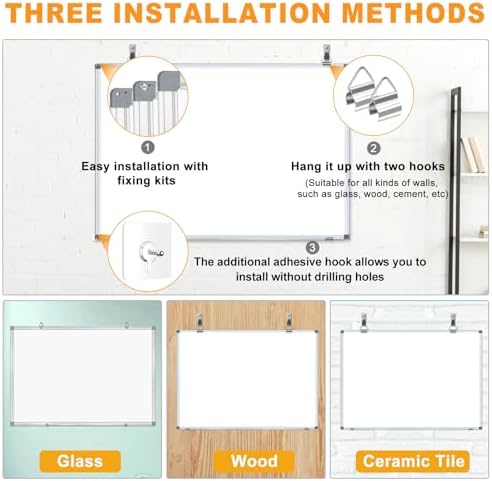 H-Qprobd White Board Dry Erase Whiteboard for Wall 24x18 (2pcs) Magnetic Boards for Office Classroom & Home, Small Wall Whiteboard Including 6 Markers, 10 Magnets, 2 Erasers & 10 Adhesive Hooks