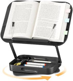 Adjustable Book Stand with Storage Drawer, 360° Rotating Book Holder, Height & Angle Adjustable, Extra-Wide Page Clips for Thick Books, Wood & Aluminum Book Stand for Desk, Study, Kitchen