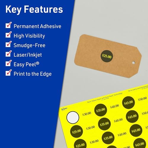 Avery Printable Round Labels, Sure Feed Technology, 3/4" Diameter, Neon Yellow Labels, Print-to-the-Edge, Laser/Inkjet, 1,600 Total, Great for Price Stickers and Mailing Seals
