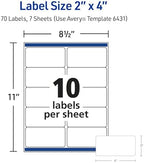 Avery® Rectangle Removable Labels, 2" x 4", Matte White, Sure Feed® Technology, Laser/Inkjet Compatible, 70 Printable Labels Total (6431)