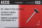 ACCO Brass Paper Fasteners, 1", Plated, 1 Box, 100 Fasteners/Box (71710)