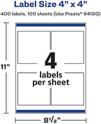 Avery® Glossy White Square Labels, Sure Feed® Technology, 4" x 4", 400 Glossy White Labels, Permanent Adhesive, Laser/Inkjet Printable