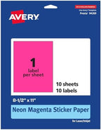 Avery® Printable Sticker Paper, 8-1/2" x 11", Full-Sheet Labels, Neon Magenta Labels, Laser/Inkjet Printable, 10 Total, Great for Packaging and Stickers