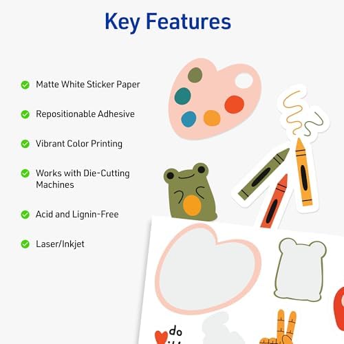 Avery Printable Sticker Paper, 8.5" x 11", Matte White, Repositionable Adhesive, Laser/Inkjet Compatible, 30 Label Sheets, Great for Product Branding, Cute Stickers, and More (2-Pack of 3383)