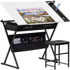 VECELO Drafting Table Art Desk Art Table Adjustable Drawing Table Tilted Tabletop with 2 Storage Drawers and Stool, Drawing Desk for Artist Painters Drawing, Crafting, Reading, Writing, White