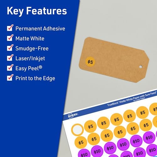 Avery® TrueBlock® Matte White Round Labels, Sure Feed® Technology, 0.5" Diameter, 15,400 Matte White Labels, Print-to-The-Edge, Laser/Inkjet Printable, Great for Product Merchandising Stickers
