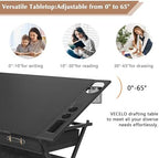 VECELO Drafting Table Art Desk Art Table Adjustable Drawing Table Tilted Tabletop with 2 Storage Drawers and Stool, Drawing Desk for Artist Painters Drawing, Crafting, Reading, Writing, Black