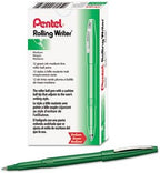 Pentel Rolling Writer Pen, 0.8mm Cushion Ball Tip, Green Ink, Box of 12 (R100-D)