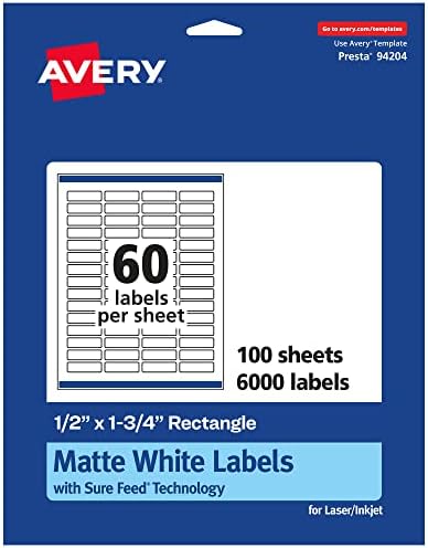 Avery® Matte White Rectangle Labels, Sure Feed® Technology, 0.5" x 1.75", 6,000 Matte White Printable Labels